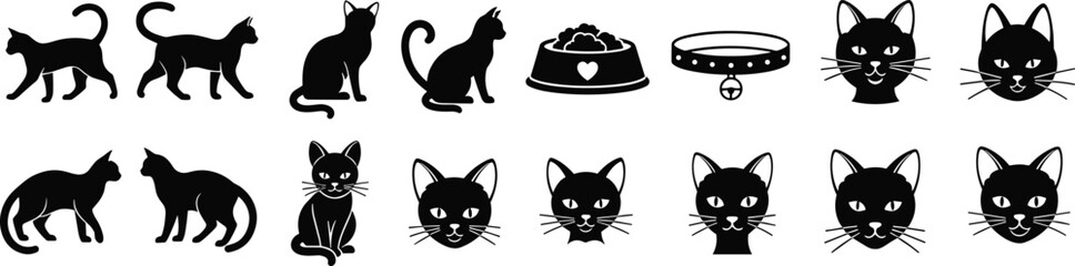 Flat vector illustration of cat silhouettes icons, pet accessory symbols, minimal feline design, modern animal graphic set, black outline and filled styles © MD Tariful islam