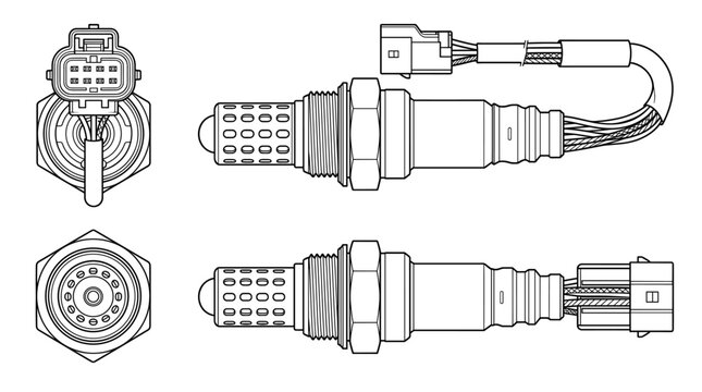 Oxygen sensor automotive electronic component technical drawing blueprint with front side back and sectional views CAD line art vector illustration