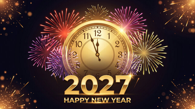 New year's eve celebration with clock striking midnight 2027