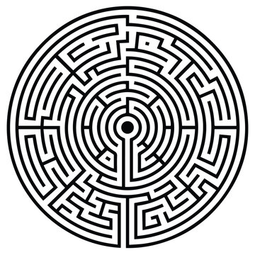 Circular maze puzzle graphic design with dead end labyrinth circular solution