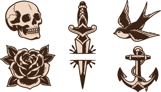 Traditional Tattoo Flash Set with Skull Rose Anchor Bird and Dagger