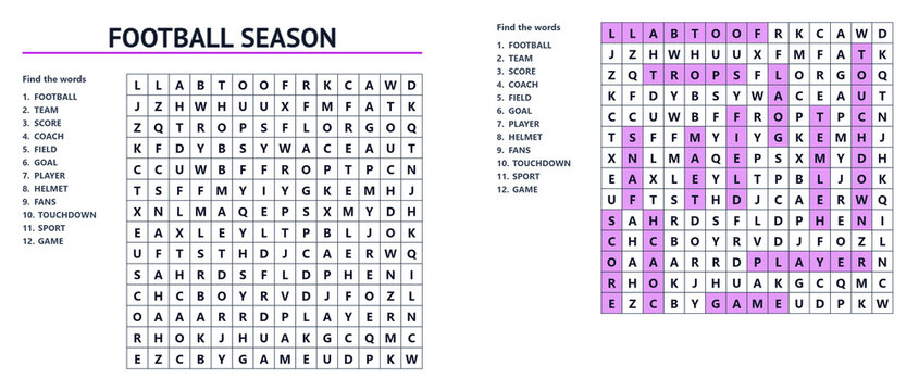 Word search puzzle sheet with answers featuring football season  