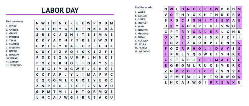 Labor Day word search puzzle sheet with highlighted answers  