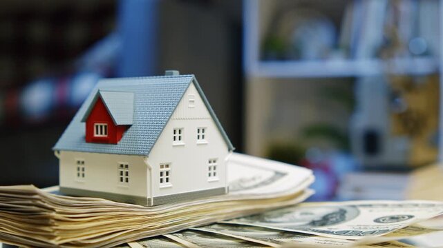 Miniature homes rest on stacks of cash, symbolizing aspirations and investments. Watch as values shift and homes transform in this unique artistic showcase