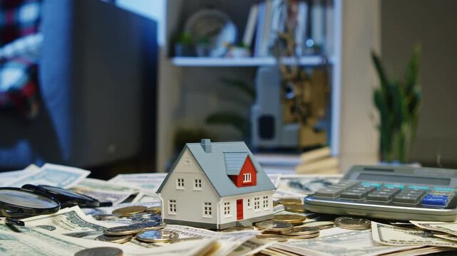 Colorful miniature houses sit atop scattered money and calculators, highlighting the importance of careful planning and budgeting for homeownership aspirations