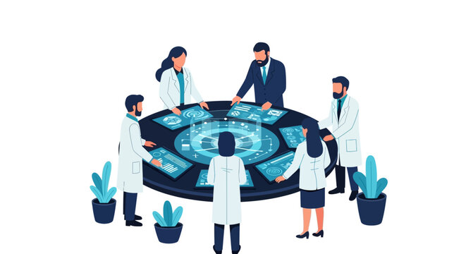 Team of Professional Scientists and Doctors Analyzing Digital Data on a Futuristic Interactive Circular Interface Table - Isometric Vector Illustration