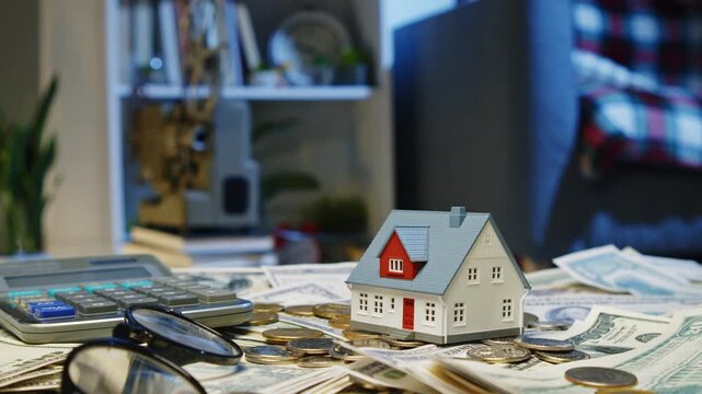 A hand reaches toward a tiny model house surrounded by piles of cash and a calculator, symbolizing the dream of homeownership through careful planning and budgeting