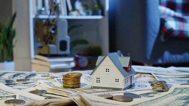 A hand places a tiny house on a pile of cash and coins, symbolizing dreams of homeownership and financial growth in a warm, inviting room
