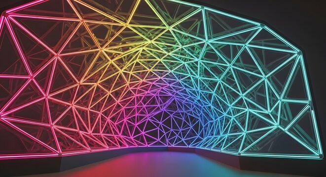 Futuristic Geometric Wireframe Tunnel Lit by Vibrant Neon Rainbow Light