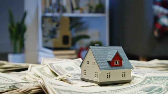 Little houses sit atop piles of cash in a warm room filled with plants and books, inviting thoughts about money and comfort. Imagine the stories behind each dollar