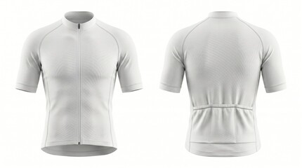 Blank white short sleeve cycling jersey mockup showing front and back views isolated on white background for custom branding