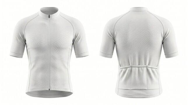 Blank white short sleeve cycling jersey mockup showing front and back views isolated on white background for custom branding