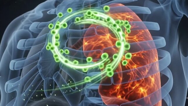 3D medical illustration of human lung inflammation with glowing red respiratory bronchioles and floating green virus cells inside ribcage