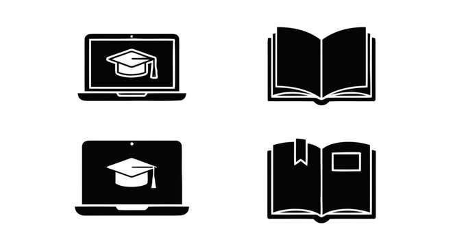 Vector illustration of set of laptop and open book icons for education and elearning concepts on a transparent background
