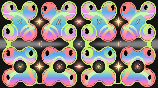 Vibrant abstract illustration of colorful fidget spinners with sparkles on black background
