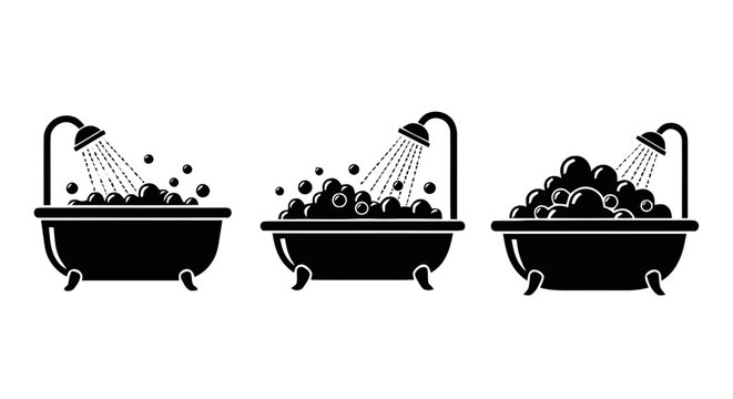 Vector illustration of bathtub and shower icons with soap bubbles silhouette on a transparent background