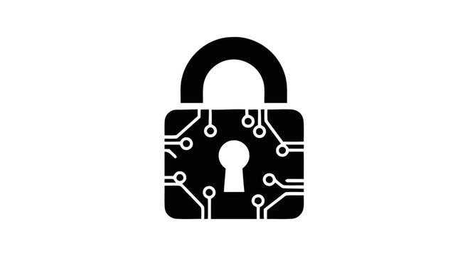 Vector illustration of cybersecurity lock with circuit board pattern on a transparent background