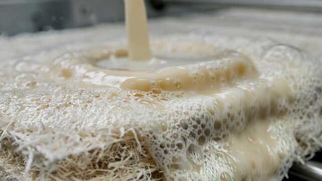Closeup medium shot of foamed plantderived binder being gently layered onto cellulose fiber mats highlighting ecofriendly manufacturing techniques.