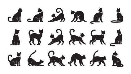 Collection of fifteen black cat silhouettes in various sitting and walking poses © tareq