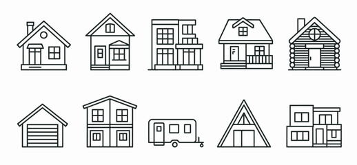Fototapeta premium Collection of ten diverse residential house icons in a clean linear vector style