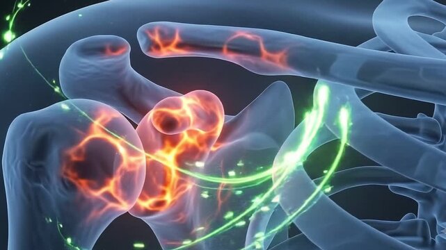 3D medical illustration of human shoulder joint and clavicle pain with intense glowing red fire inflammation texture on bone skeleton