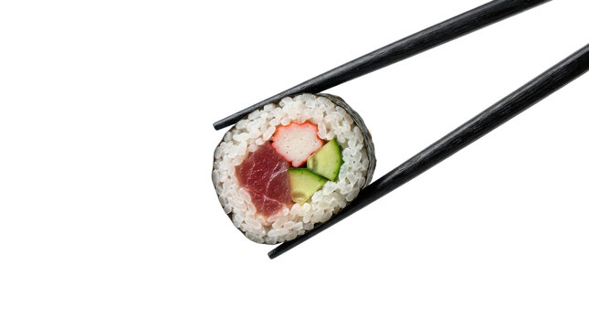 Single sushi roll held by black chopsticks isolated on transparent background