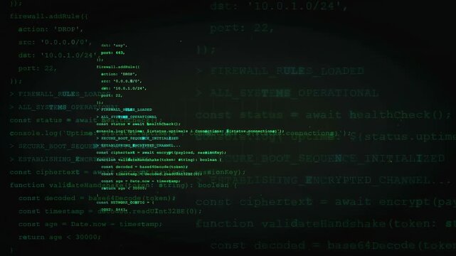 Digital screen displaying scrolling computer code for cybersecurity and network firewall configuration concepts