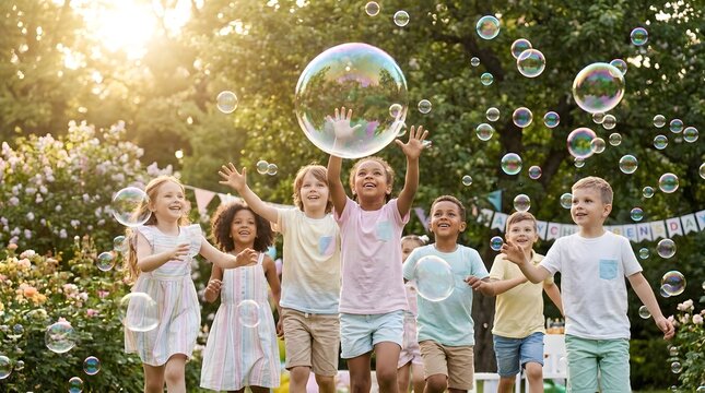 Group of diverse happy children playing with floating soap bubbles in sunny park children childhood laughter
