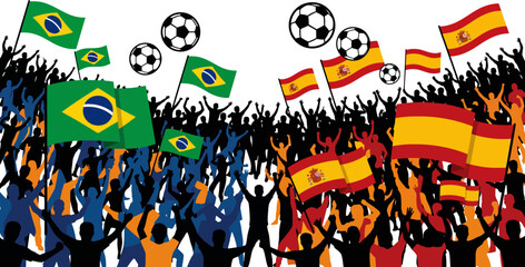 Naklejka premium Brazil and Spain soccer fans with flags and balls celebrating sports crowd