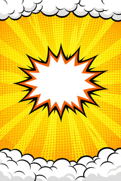 Comic book background with blank speech bubble explosion cloud on yellow sunburst halftone backdrop vector illustration