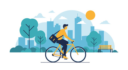 Fototapeta premium Urban Commuter Riding a Yellow Bicycle through a City Park with Skyscrapers Background, Modern Flat Vector Illustration