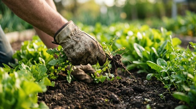 Closeup of a gardeners gloved hand pulling a weed from garden soil