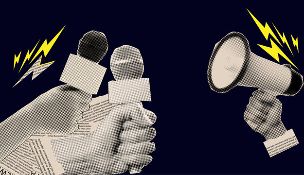 Trendy Halftone Collage Journalists Holding Microphones During Press Conference, News Interviews, Social Media Surveys, Media Coverage, Fake News and Propaganda Concept Vector Illustration