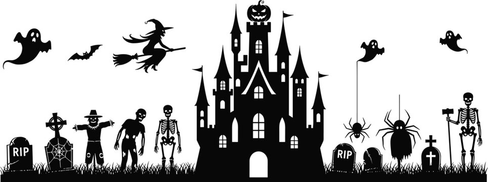 Halloween haunted castle silhouettes, spooky night and ghost concept, witch and skeleton design, horror and celebration theme, black and white flat vector illustration