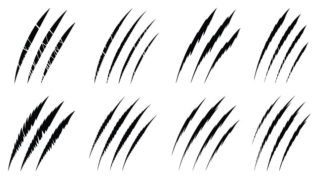 Animal Claw Scratch Marks Set with Cat and Tiger Paw Scratches, Sharp Claw Damage Effects, Wild Predator Attack Symbols, Vector Illustration Collection
