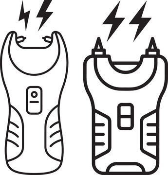 Two stun guns with electrical sparks isolated on white background.