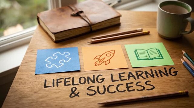 Engaging Lifelong Learning and Success Display with Icons on a Wooden Table
