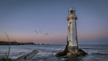Obraz premium Tall historic lighthouse on rocky coast during sunset with seagulls overhead
