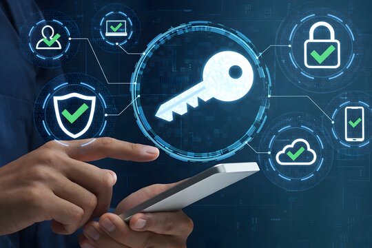 Passkeys and secure passwordless authentication technologies. Man tapping smartphone. Encryption key icon.