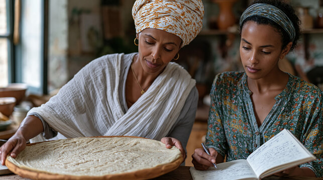 Middle-aged Ethiopian home cook layers injera batter across a clay mitad in a fragrant kitchen while her daughter documents the fermentation timing in a notebook blending diaspora
