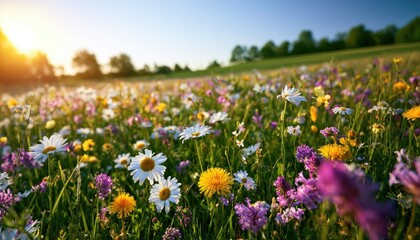 Obraz premium Golden sunbeams illuminate a vibrant meadow overflowing with colorful wildflowers