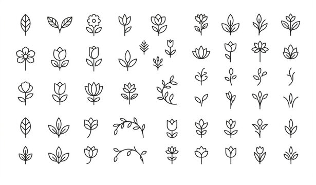 Minimal Black and White Floral Icon Set with Botanical Leaf and Flower Line Art Elements for Design Use