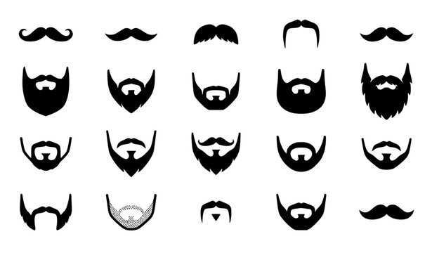 Monochrome beard and mustache icon collection with male grooming styles