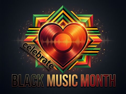 Colorful vibrant celebration poster for black music month with vinyl record and heart design