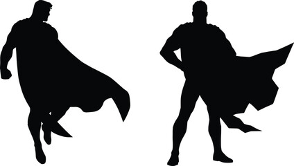 Set of black superhero silhouettes wearing flowing capes in flying and standing poses isolated on white background vector illustration © MDMizanur