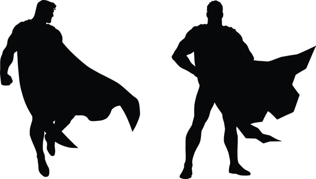 Set of black superhero silhouettes wearing flowing capes in flying and standing poses isolated on white background vector illustration