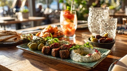 Obraz premium A lifestyle scene with mezze served on a table with drinks and soft natural lighting