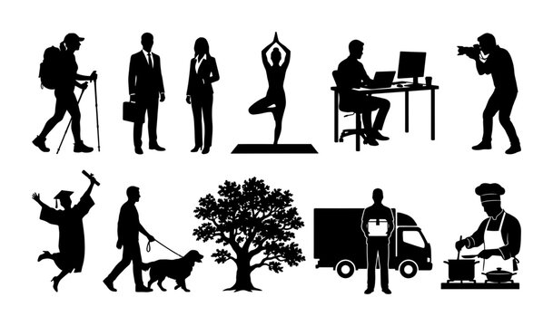 Collection of lifestyle people silhouettes featuring runners, dancers, families, musicians, cyclists, and daily activity figures