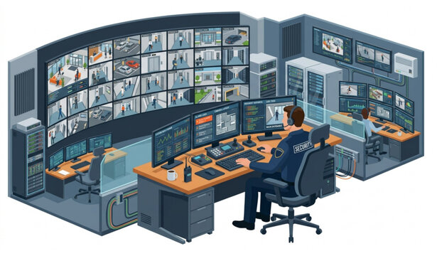 Security Guard Monitoring CCTV Surveillance System Control Room Isometric Vector Illustration