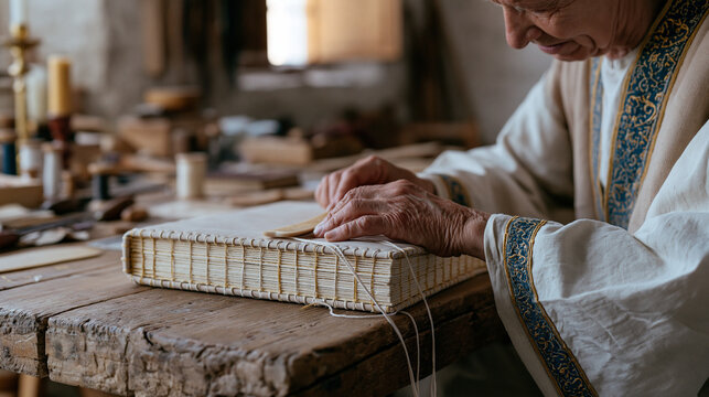 Worn oak workbench in modest home workshop where an elderly bookbinder hand-sews a leather-covered journal using linen thread and bone folder, the spine carefully rounded, tools
